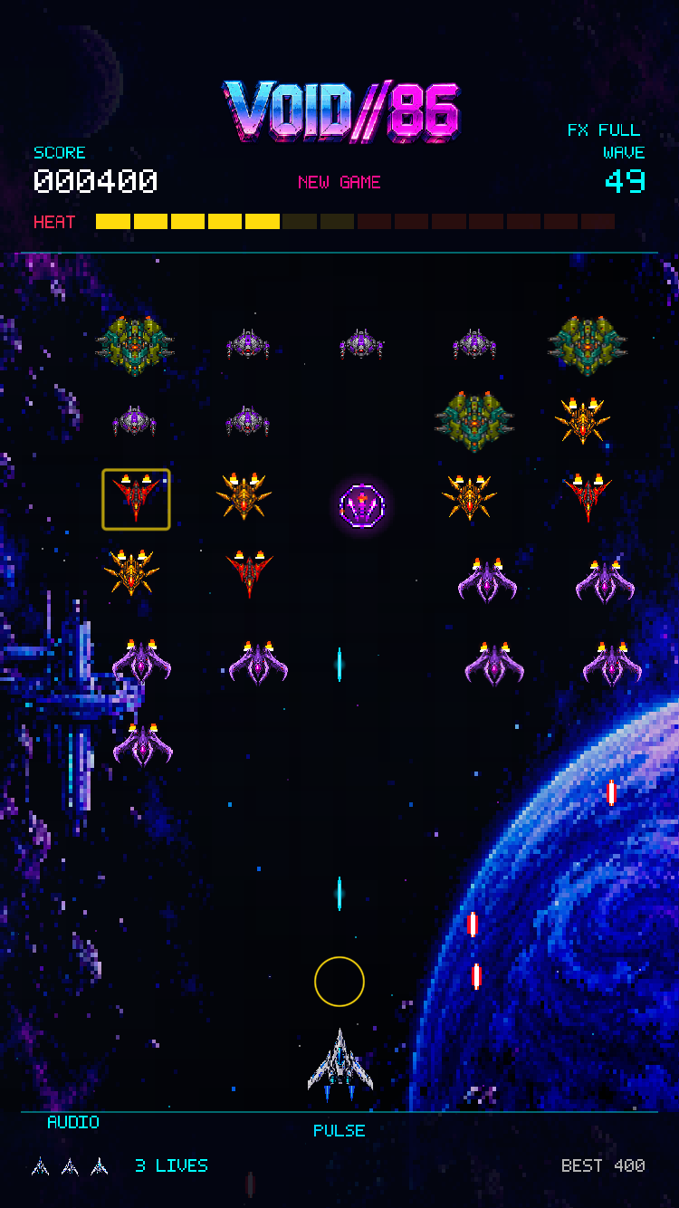 VOID//86 wave 49 with enemy formations above the player spacecraft